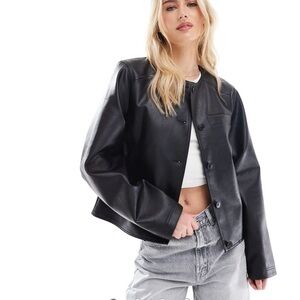 ASOS DESIGN Tall collarless clean leather look jacket in black
